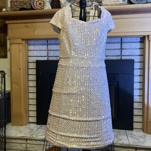 Sequin Dance Dress L Square Neck Silver Blush Cap Sleeve Cocktail Cruise Glam